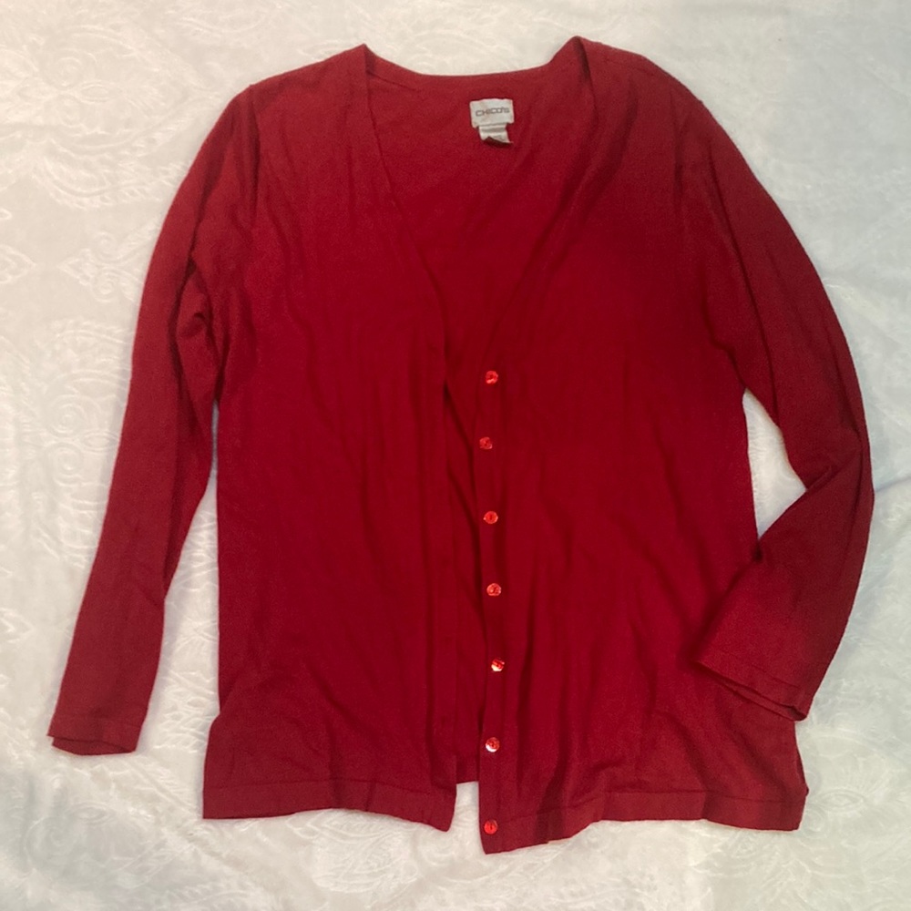 Chico’s Red Long-Sleeve Sweater Size 3 Button-Up